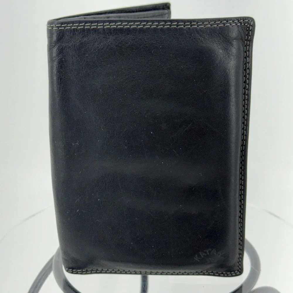 Katana Mens Black Leather Trifold Wallet Vertical Zip Pocket ID Windows